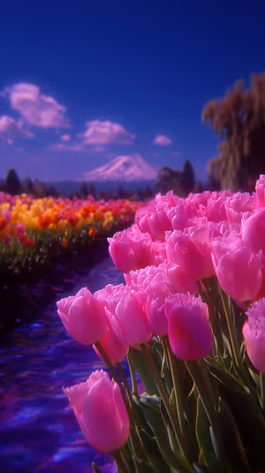 Photographic landscape of pink and yellow tulip fields with Mount Fuji under a deep blue twilight sky, ultra hd
