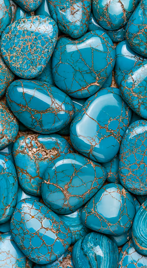 Polished turquoise stones on a blue background in a mineral texture aesthetic.