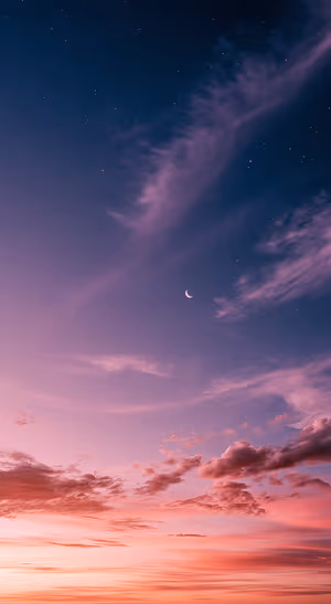 Dreamy twilight sky with a crescent moon, pink clouds, and purple tones in an aesthetic Ultra HD background.