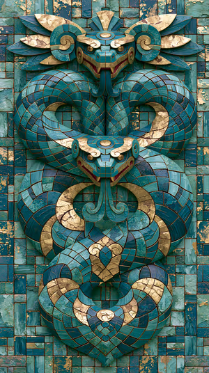 Ornate mosaic twin serpents centered on a turquoise and gold tiled background in mosaic relief aesthetic.