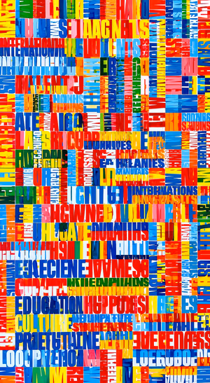 Abstract typography collage centered on a colorful background in a bold graphic aesthetic.