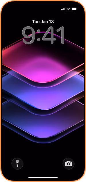 Wallpaper preview on iPhone 17 Pro Max running iOS 26 - Neon Glass Stacks