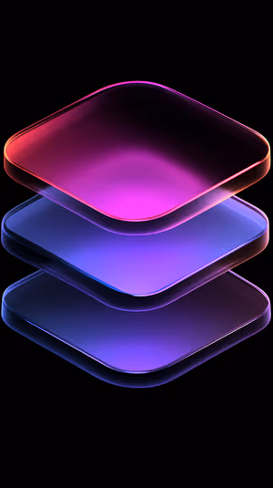 Minimal neon stacked rounded glass panels glowing pink, purple and blue on a deep black ultra HD 8K abstract tech image.