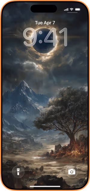 Wallpaper preview on iPhone 17 Pro Max running iOS 26 - Ember Tree Eclipse