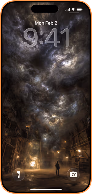 Wallpaper preview on iPhone 17 Pro Max running iOS 26 - Industrial Storm Silhouette
