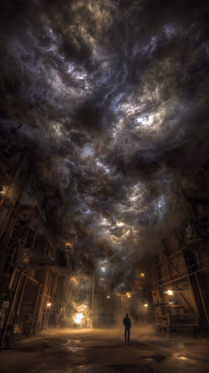 Cinematic industrial storm silhouette in dark brown tones with fog and clouds filling an abandoned warehouse ultra HD image