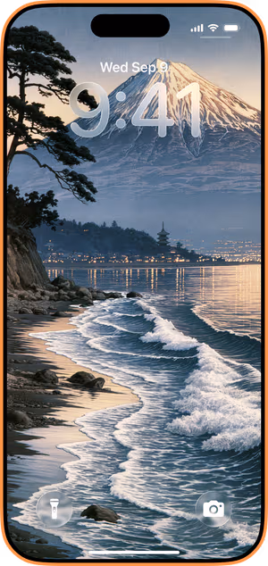 Wallpaper preview on iPhone 17 Pro Max running iOS 26 - Vintage Mount Fuji Lakeside