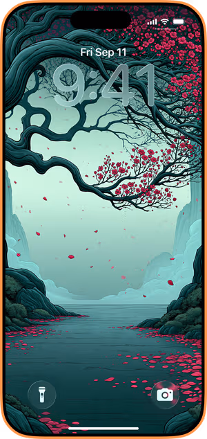Wallpaper preview on iPhone 17 Pro Max running iOS 26 - Teal Blossom Valley