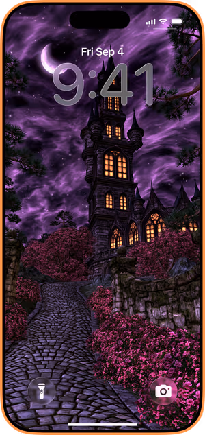 Wallpaper preview on iPhone 17 Pro Max running iOS 26 - Gothic Castle Purple Moon
