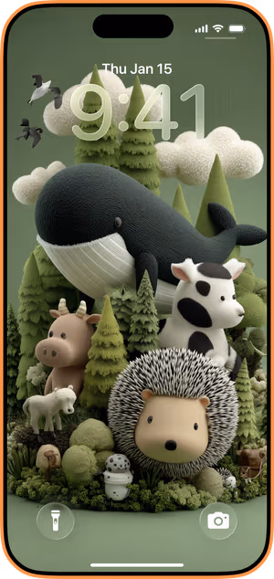 Wallpaper preview on iPhone 17 Pro Max running iOS 26 - Plush Forest Friends