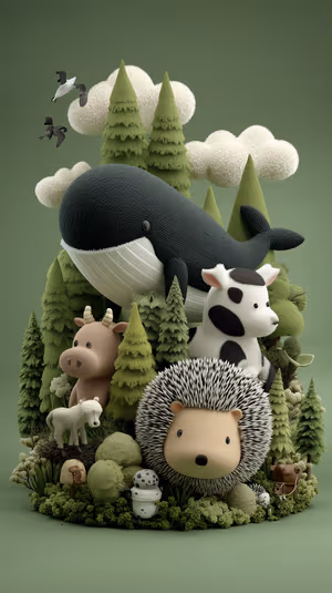 Plush 3D forest animals (hedgehog, whale, cow) centered on a soft green background ultra HD mobile background.