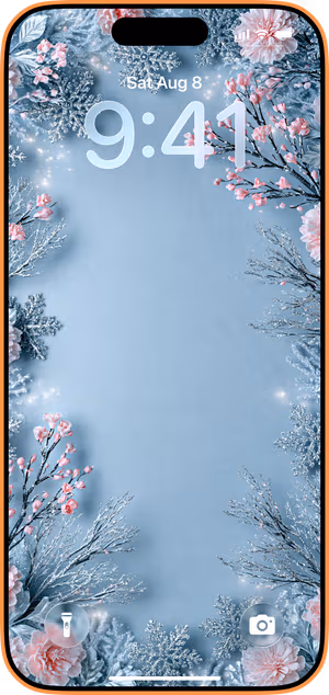 Wallpaper preview on iPhone 17 Pro Max running iOS 26 - Icy Blue Winter Blossoms