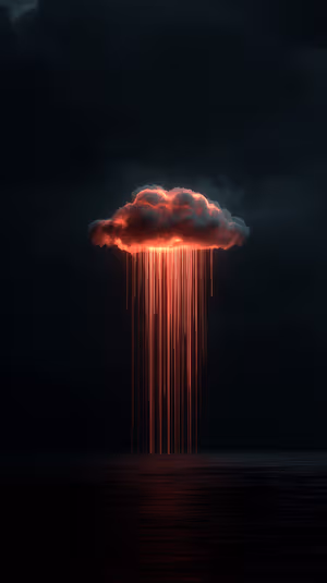 Surreal minimalist neon cloud over dark ocean with glowing crimson rain filaments, ultra HD 8K image