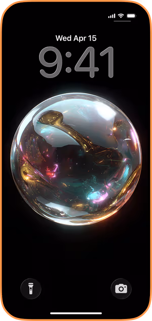 Wallpaper preview on iPhone 17 Pro Max running iOS 26 - Iridescent Orb
