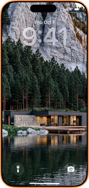 Wallpaper preview on iPhone 17 Pro Max running iOS 26 - Modern Mountain Cabin