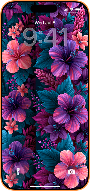 Wallpaper preview on iPhone 17 Pro Max running iOS 26 - Neon Hibiscus Bloom
