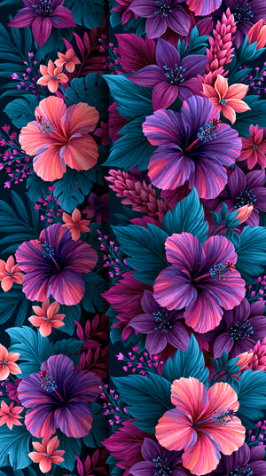 Vibrant tropical hibiscus bouquet centered on a deep teal and purple background in neon botanical aesthetic, ultra HD 8K