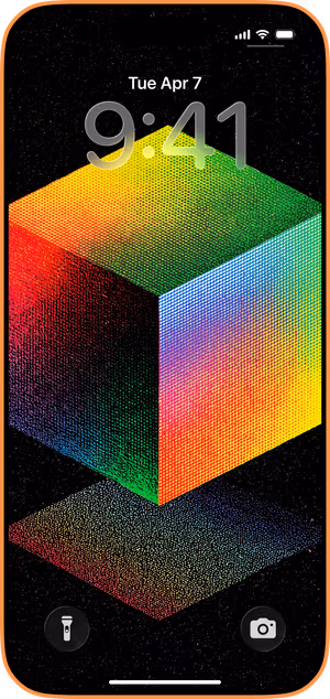 Wallpaper preview on iPhone 17 Pro Max running iOS 26 - Prismatic Halftone Cube