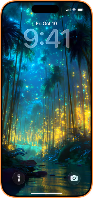Wallpaper preview on iPhone 17 Pro Max running iOS 26 - Bioluminescent Palm River