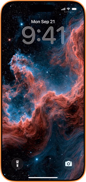 Wallpaper preview on iPhone 17 Pro Max running iOS 26 - Crimson Teal Cosmic Nebula