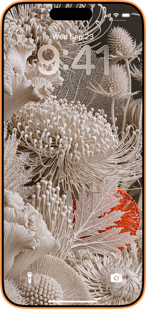 Wallpaper preview on iPhone 17 Pro Max running iOS 26 - Ivory Botanical Coral Accent