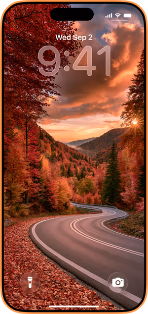 Wallpaper preview on iPhone 17 Pro Max running iOS 26 - Autumn Mountain Road
