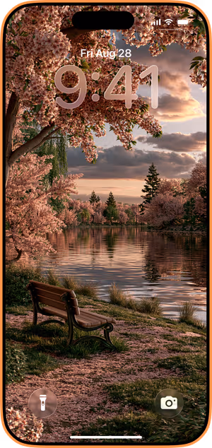Wallpaper preview on iPhone 17 Pro Max running iOS 26 - Pink Cherry Blossom Lake