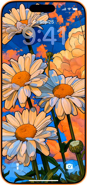Wallpaper preview on iPhone 17 Pro Max running iOS 26 - Illustrated Daisy Garden