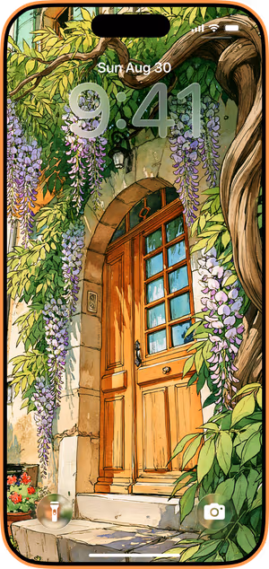 Wallpaper preview on iPhone 17 Pro Max running iOS 26 - Wisteria Doorway Illustration