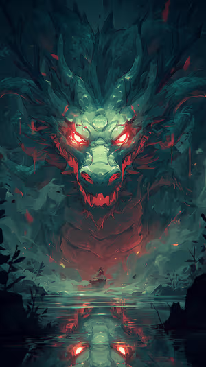 Dark fantasy green dragon centered on a misty lake with glowing red eyes in an atmospheric aesthetic, ultra HD 8K background