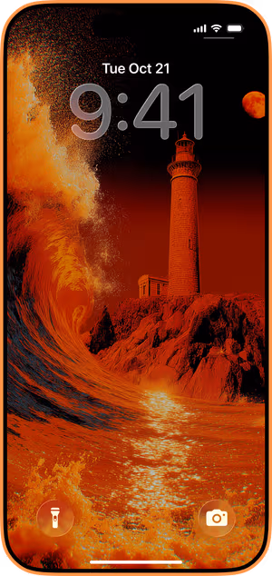 Wallpaper preview on iPhone 17 Pro Max running iOS 26 - crimson lighthouse wave