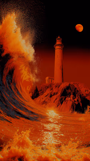 Cinematic lighthouse and crashing wave on a red orange night sky with blood orange moon ultra HD 8K background.