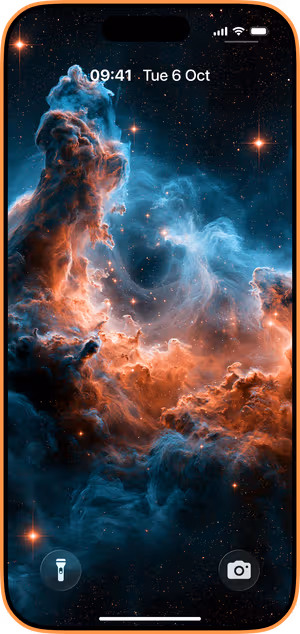 Wallpaper preview on iPhone 17 Pro Max running iOS 26 - Cosmic Nebula Blue Orange