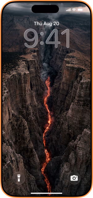 Wallpaper preview on iPhone 17 Pro Max running iOS 26 - Dramatic Lava Canyon