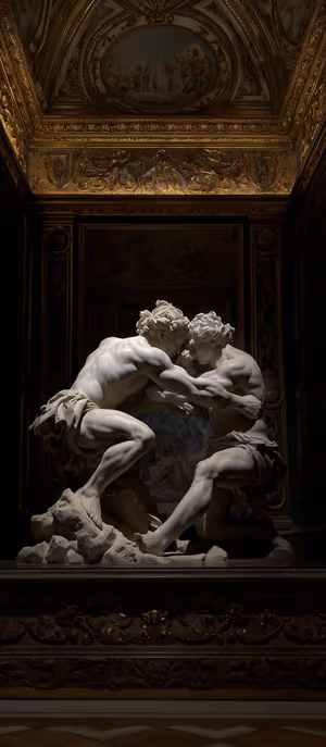Classical marble wrestlers sculpture centered against a gilded gold interior with dramatic lighting ultra hd 8K image.