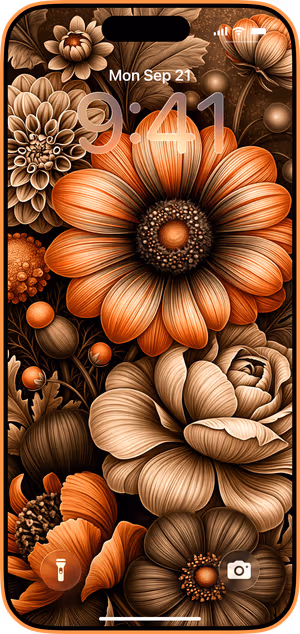 Wallpaper preview on iPhone 17 Pro Max running iOS 26 - Ornate Orange Floral