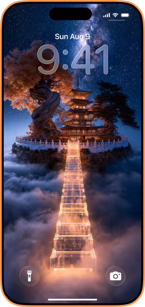 Wallpaper preview on iPhone 17 Pro Max running iOS 26 - Mystical Blue Pagoda