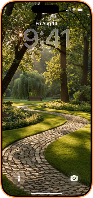 Wallpaper preview on iPhone 17 Pro Max running iOS 26 - Serene Garden Path