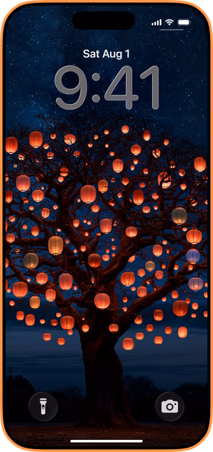 Wallpaper preview on iPhone 17 Pro Max running iOS 26 - Enchanted Lantern Tree