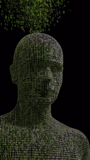 Cyberpunk 3D digital head with cascading green binary code on a black background ultra HD 8K mobile background.