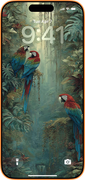 Wallpaper preview on iPhone 17 Pro Max running iOS 26 - Tropical Macaws Trio
