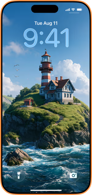 Wallpaper preview on iPhone 17 Pro Max running iOS 26 - Coastal Lighthouse Clifftop