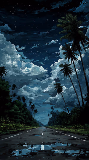 Moody digital art tropical jungle road under a starry night with palm silhouettes and reflective puddles, ultra HD wallpaper.