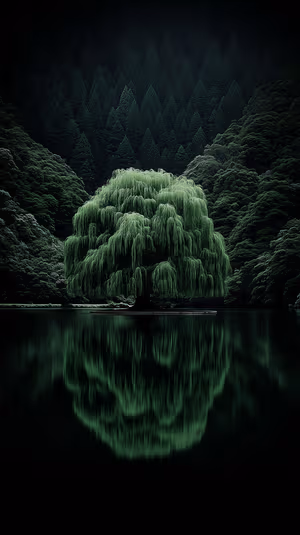 Moody minimalist weeping willow centered on a deep green background with glassy lake reflection ultra hd 8K image.