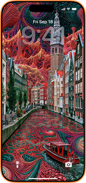 Wallpaper preview on iPhone 17 Pro Max running iOS 26 - Psychedelic Amsterdam Canal