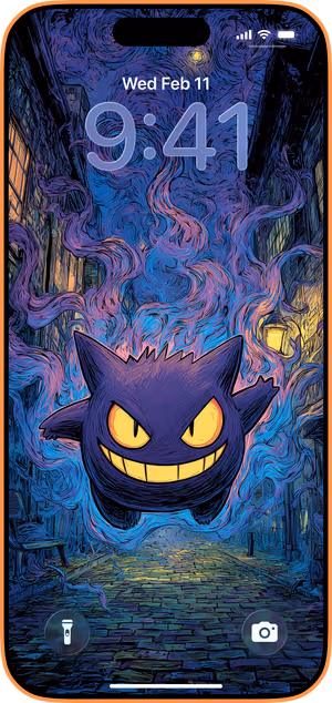 Wallpaper preview on iPhone 17 Pro Max running iOS 26 - Midnight Gengar