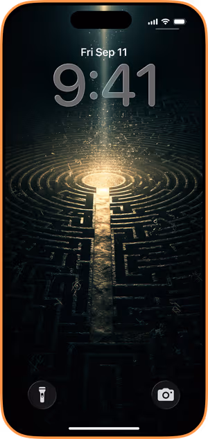 Wallpaper preview on iPhone 17 Pro Max running iOS 26 - Golden Labyrinth Key