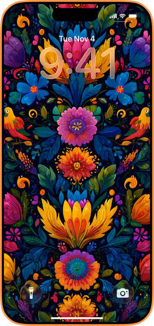 Wallpaper preview on iPhone 17 Pro Max running iOS 26 - Folk Bloom Parrots
