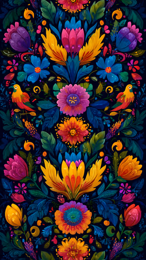 Symmetrical folk art floral pattern with parrots on a deep navy background ultra HD 8K decorative image