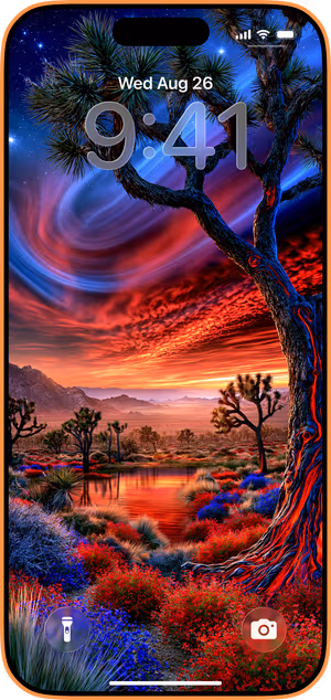 Wallpaper preview on iPhone 17 Pro Max running iOS 26 - Surreal Joshua Tree Desert